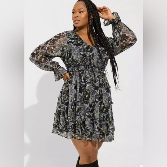 NWT TORRID Mini Lurex Chiffon Tiered Dress Floral Ruffle‎ Black Boho 3X - Picture 1 of 9